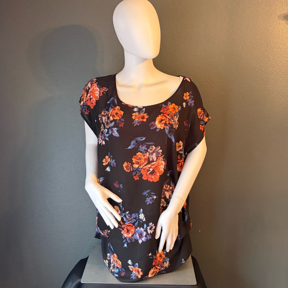 Persaya Black Orange Floral Blouse Blue Accents Feminine Plus Size Sz 1X